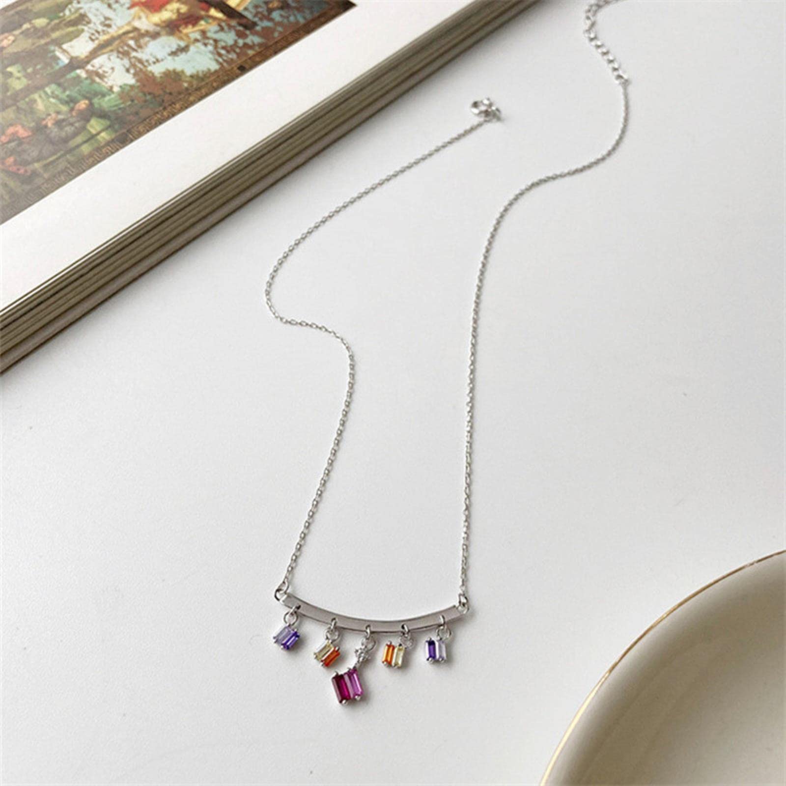 HCMA 925 Sterling Silver Simple Color zircon Pendant Short Tassel Clavicle Chain Necklace Women Fashion Party Jewelry Accessories Gift-Silver