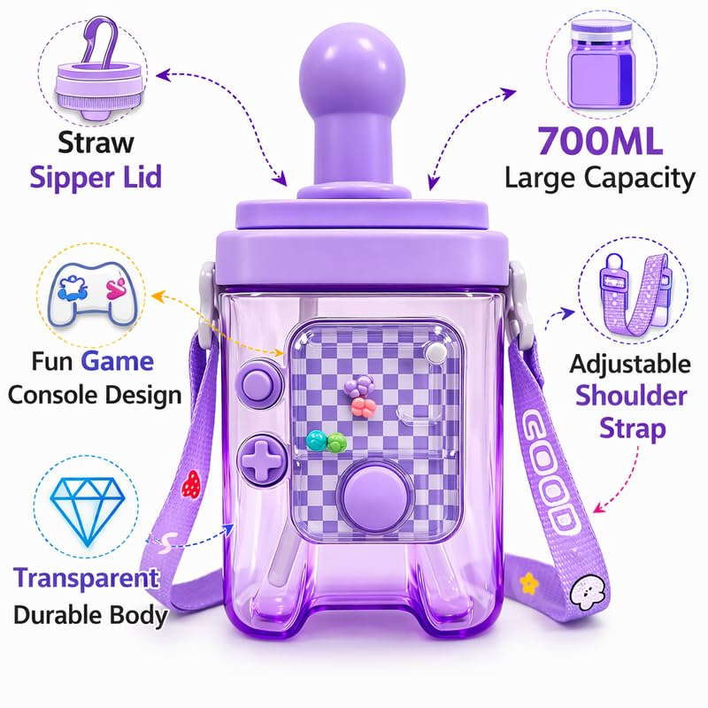 Image of Raawan Kids Water Bottle 700ml with Built-in Game | Leak-Proof Sipper Bottle for Boys & Girls | BPA-Free, Durable School & Picnic Water Bottle | Easy to Carry | Purple