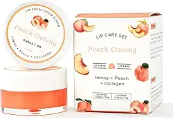 Conjunto de máscara labial e esfoliante (pêssego + mel + colágeno), hidratante noturno para cuidados com lábios rachados e secos, kit hidratante e esfoliante de açúcar, presente para mulheres
