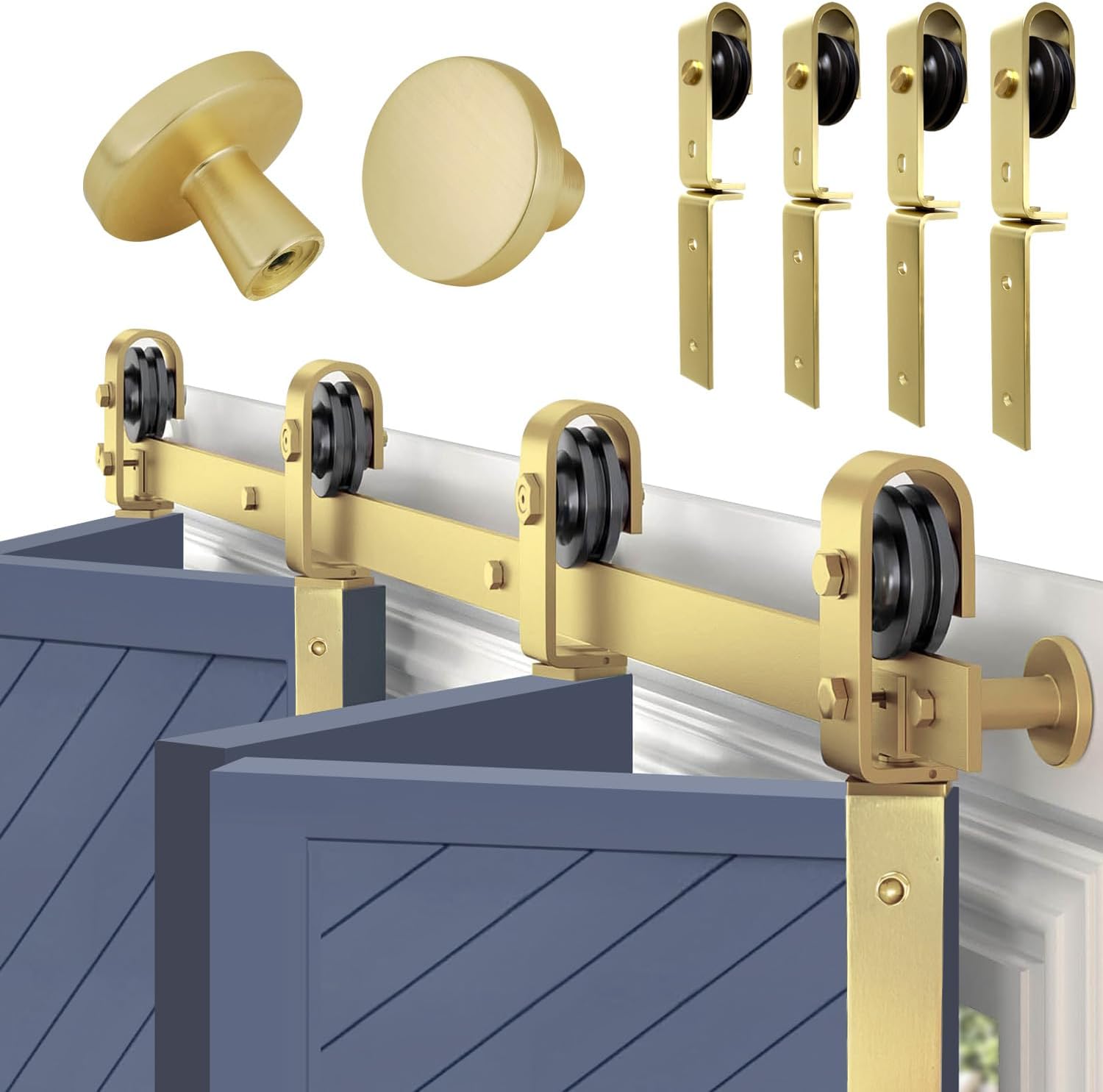 Rio Salto Gold Bifold Sliding Barn Door Hardware Kit Heavy Duty Metal Track System with Matching Knobs Gold Bi-Fold Barn Door Bifold Closet Doors, Bi-Folding 52" Track for 4 Doors, 4 Rollers No Door