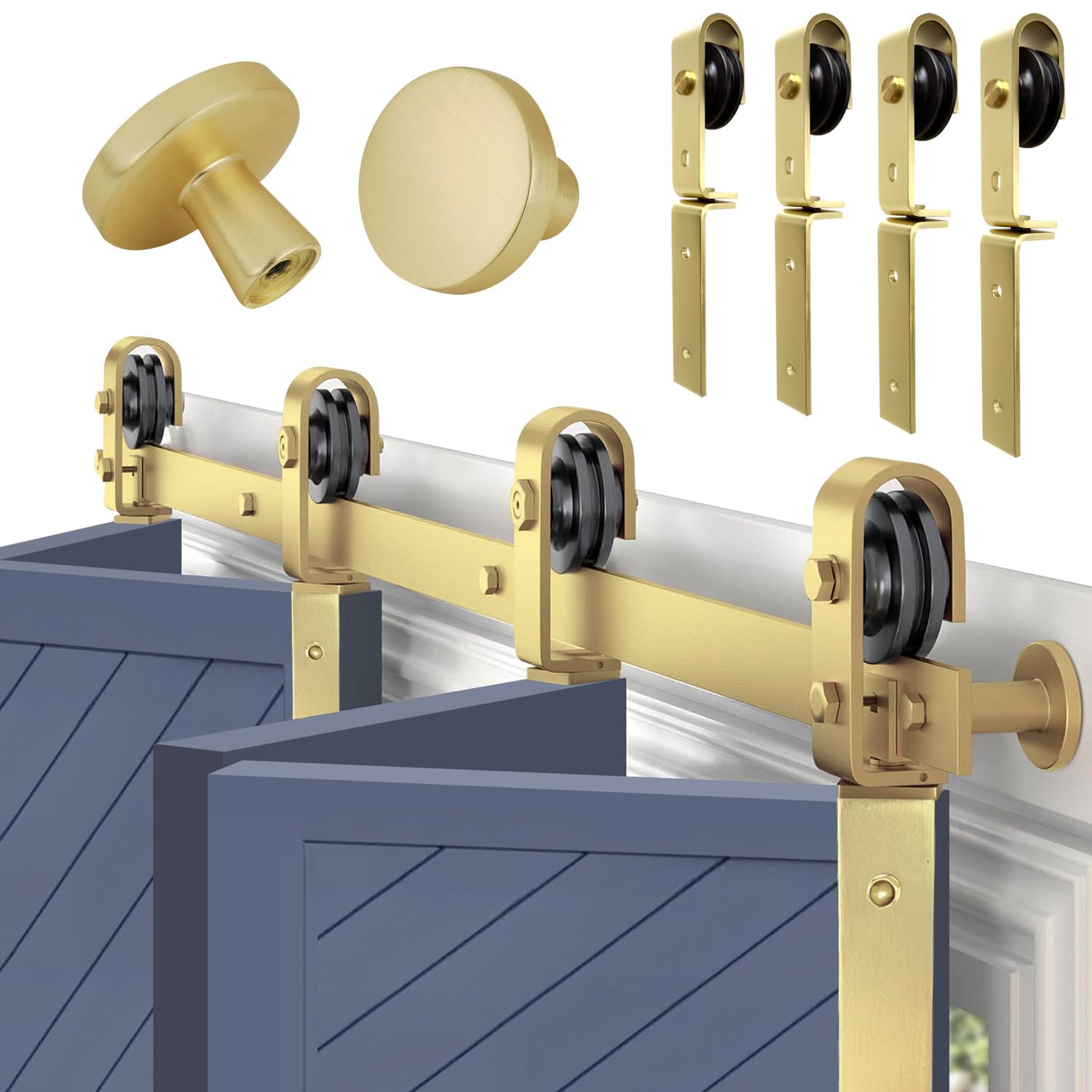 Rio Salto Gold Bifold Sliding Barn Door Hardware Kit Heavy Duty Metal Track System with Matching Knobs Gold Bi-Fold Barn Door Bifold Closet Doors, Bi-Folding 52" Track for 4 Doors, 4 Rollers No Door