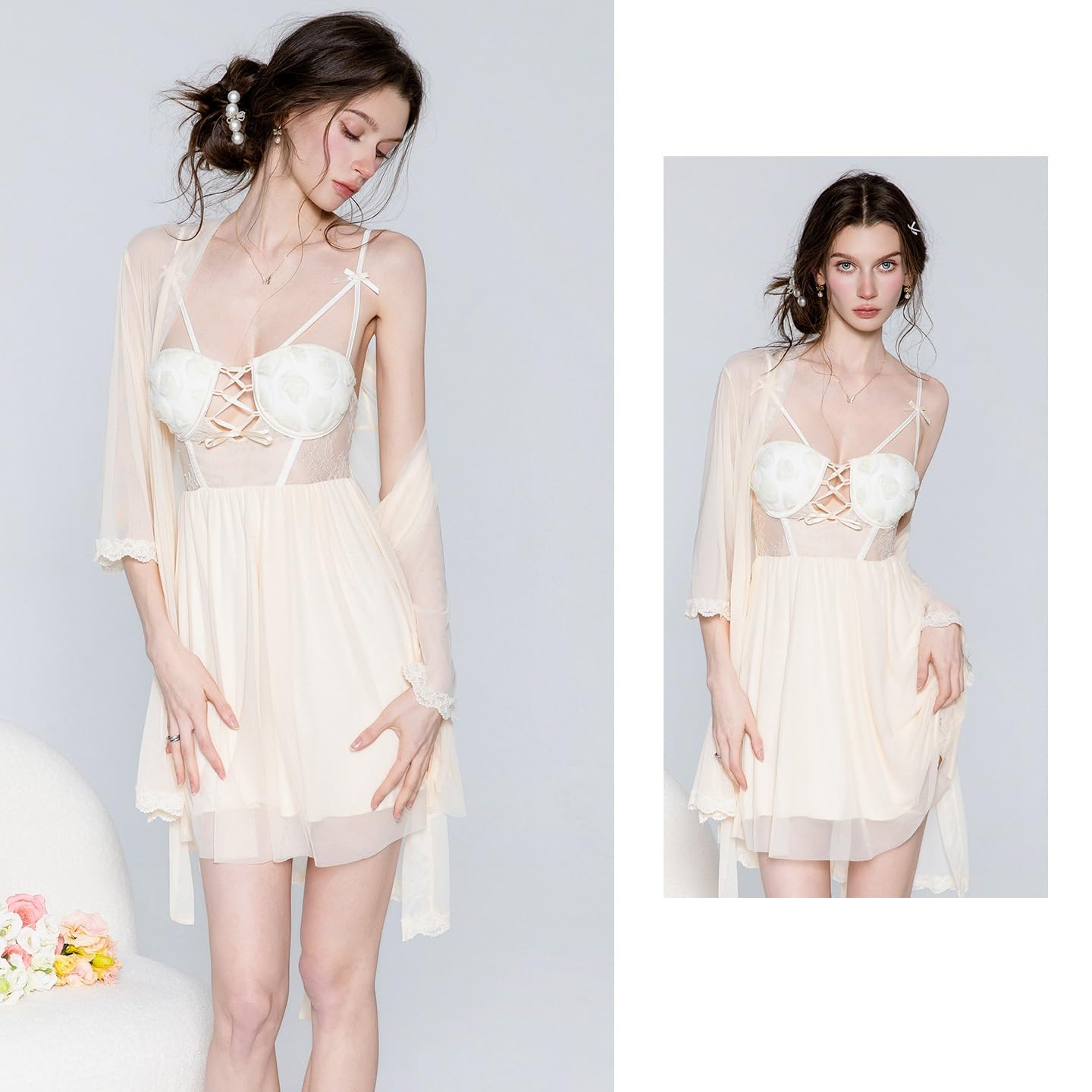 Accappatoio Kimono Completo Sottoveste in Velluto con Inserti in Rete Floreale E Traforati