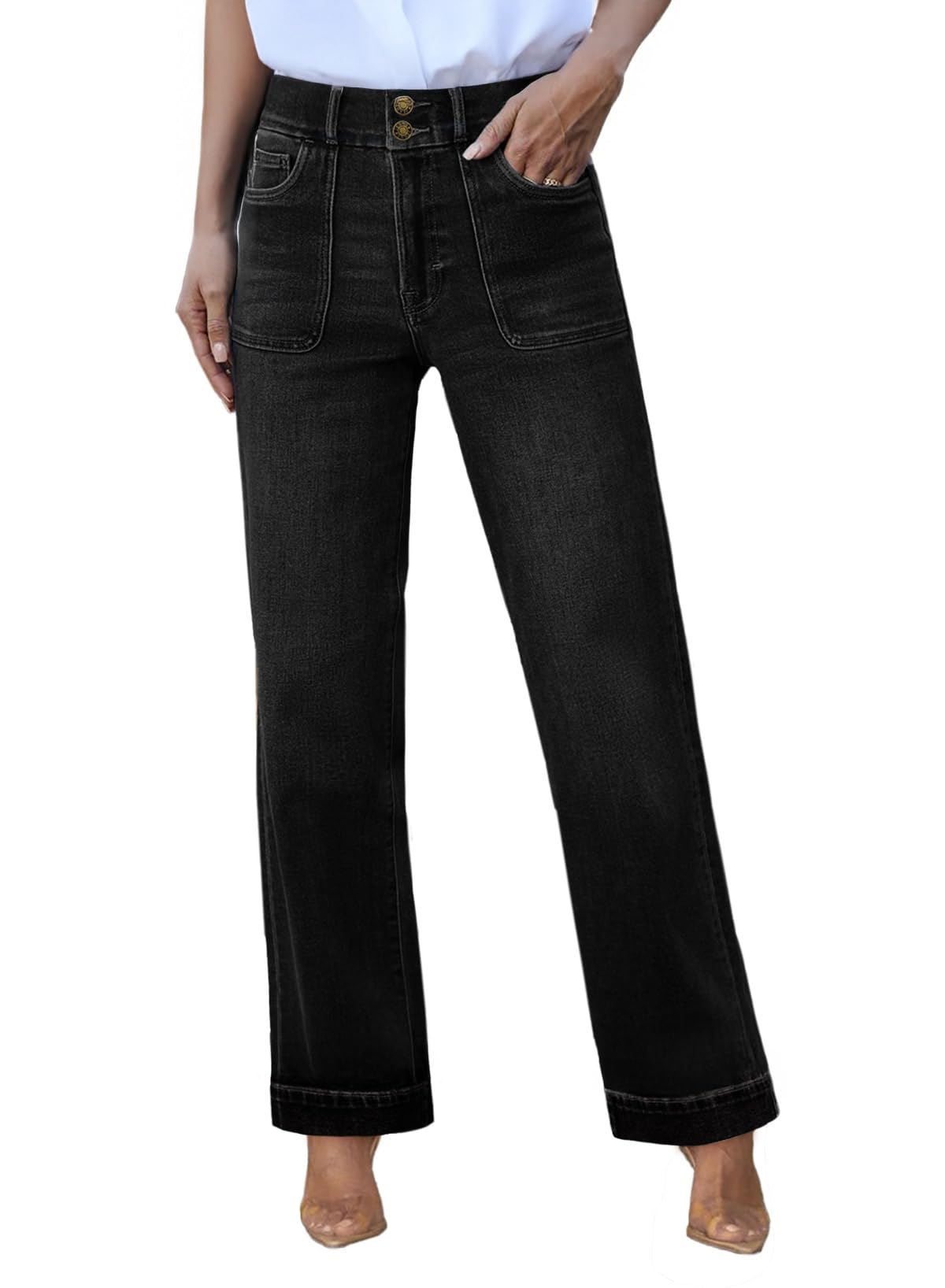 Sidefeel Women's High Waisted Straight Leg Jeans Stretchy Tummy Control Wide Leg Denim Pants with Pockets