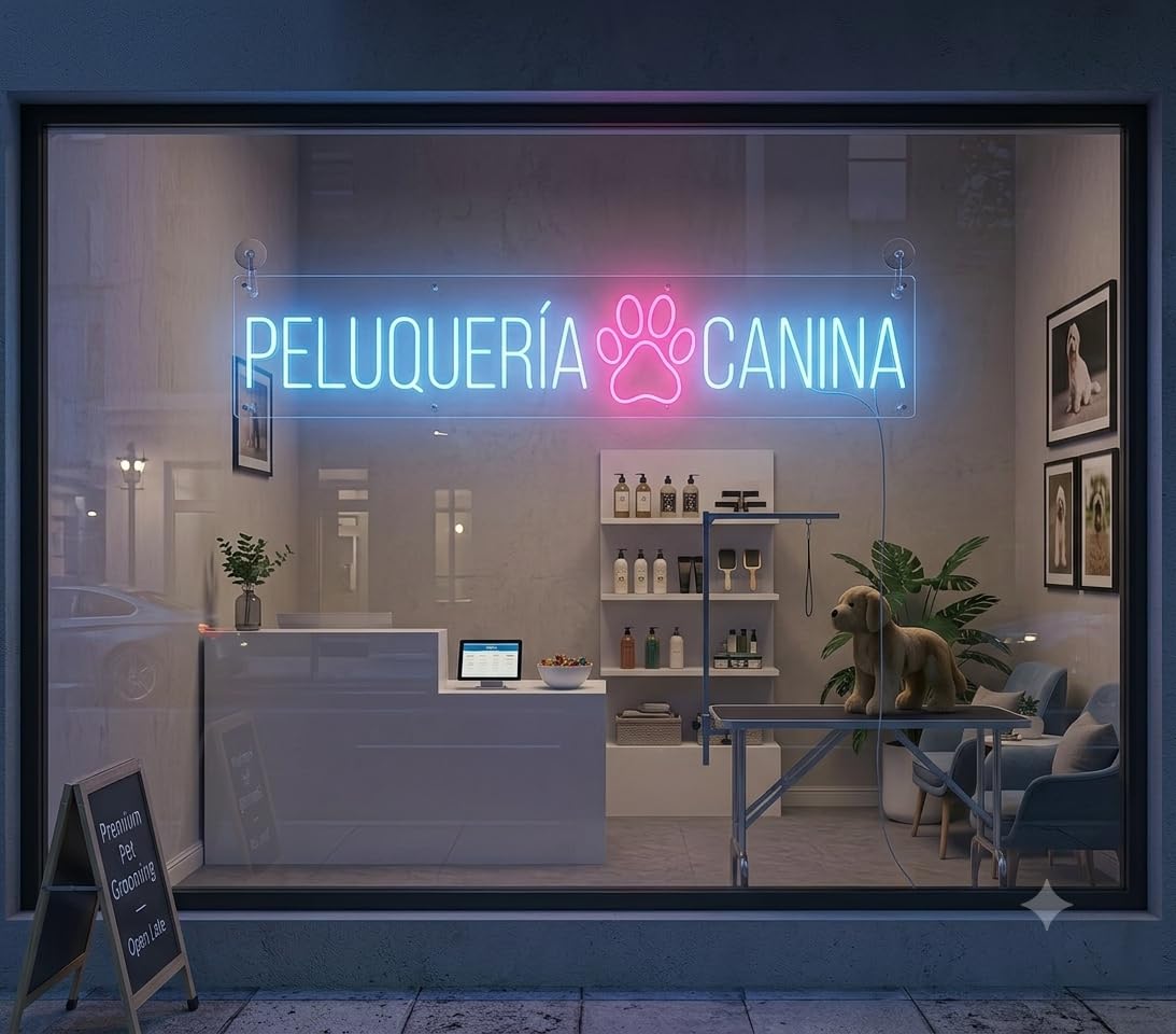 Letrero peluquería canina Cartel Luminoso LED Escaparate, Decoración de Pared en Metacrilato, Luz Brillante, aproximadamente 60cm alimentación 12v