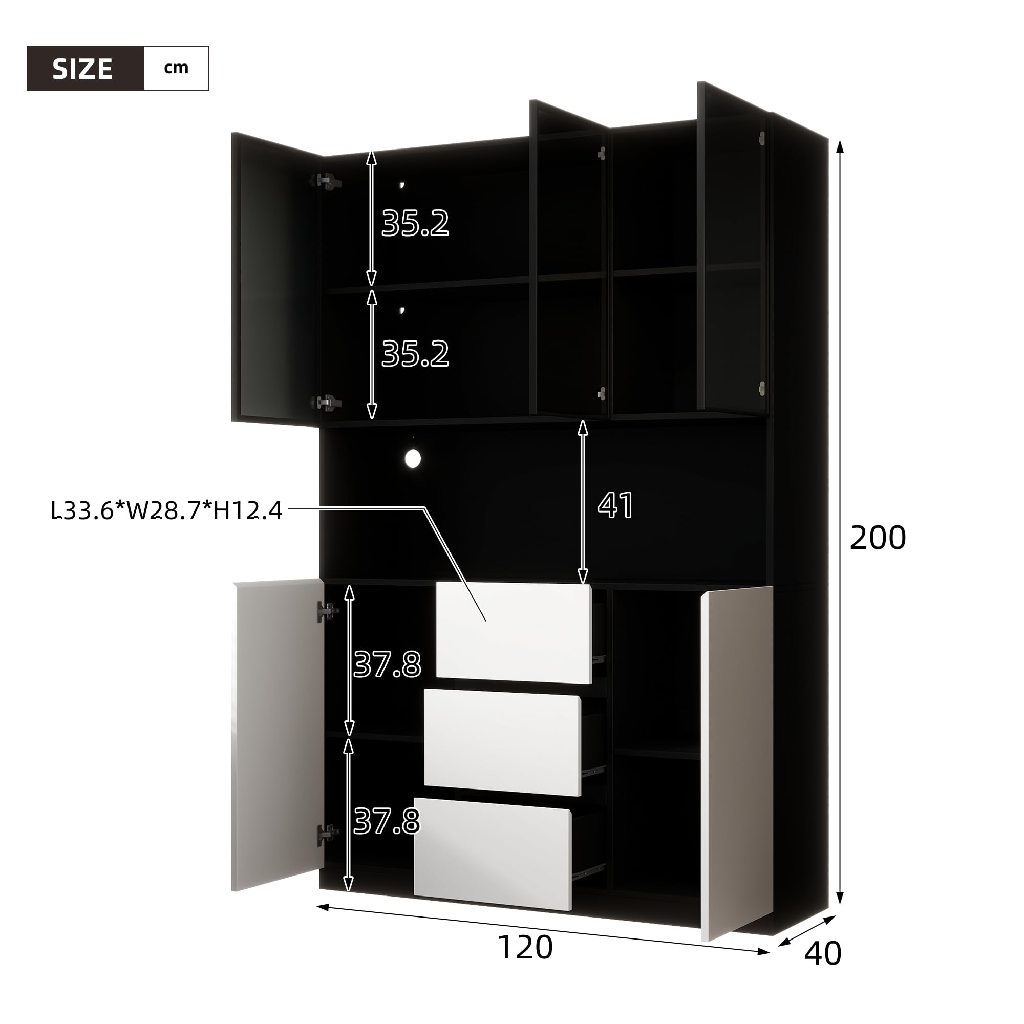Dolamaní Armadio alto 120 × 40 × 200 cm, armadio da cucina, buffet con illuminazione a LED, scaffali aperti, 3 cassetti e 2 ante, vetrina in vetro, per soggiorno, sala da pranzo (bianco+nero)