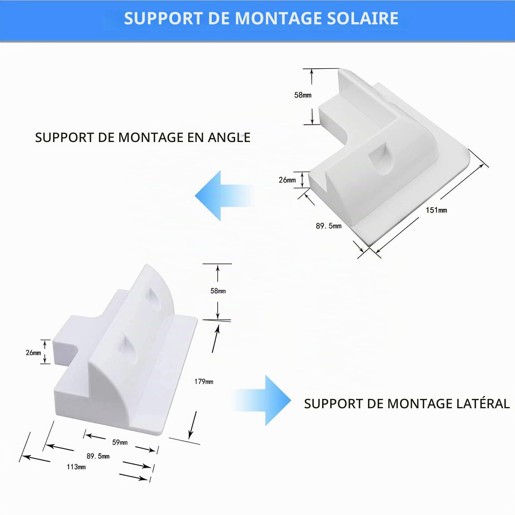 Lot de 6 supports de montage rectangulaires pour panneau solaire - Blanc - Pour cadre en bois - Pour caravanes, camping-cars, bateaux, abris de jardin, caravanes, capots - Résistant aux UV - Blanc