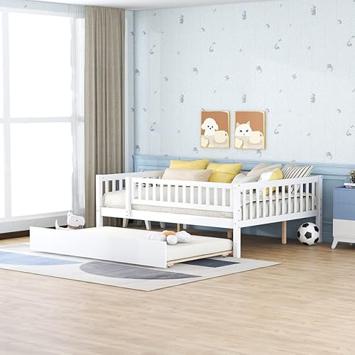 HoRunzelin Full Size Pine Wood Daybed with Trundle,Fence Guardrails Platform Day Bed for Kids Boys Girls,White