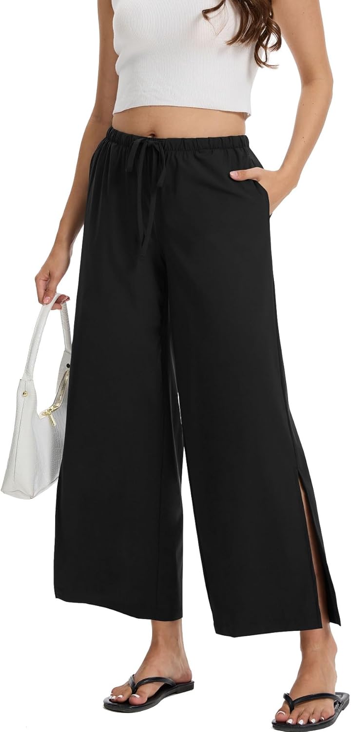PIQIDIG Wide Leg Pants for Women Casual Slacks Elastic Waist Side Slit Flowy Palazzo Pants Trousers with Pockets