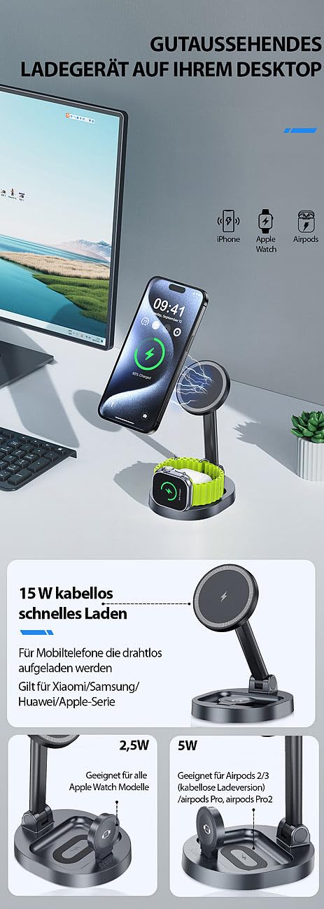 Callstel iPhone Schnellladegerät: 4er-Set 3in1-MagSafe-Ladestationen für iPhone, Apple Watch und AirPods (MagSafe Charger Stand, Dockstations)