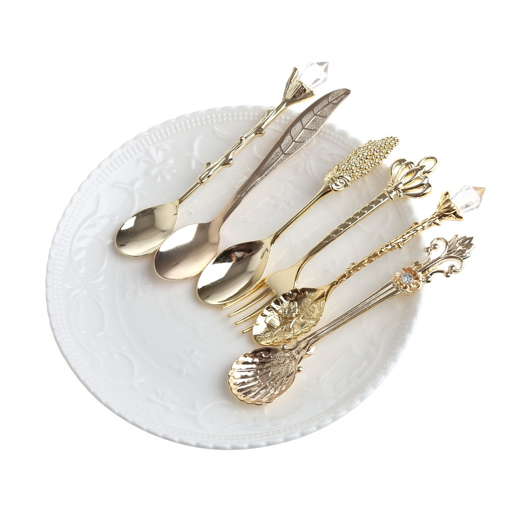 6X Vintage Style Royal cuillère à café Fourchette crème glacée Dessert cuillère Couverts cuillère cuillère à café doré