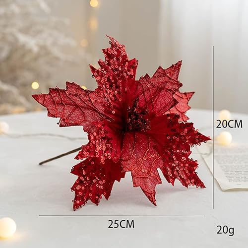 Miniatura 4 de Paquete de 6 flores de pascua artificiales con brillantina, decoración de flores de Navidad grandes para árbol de Navidad, guirnalda decorativa