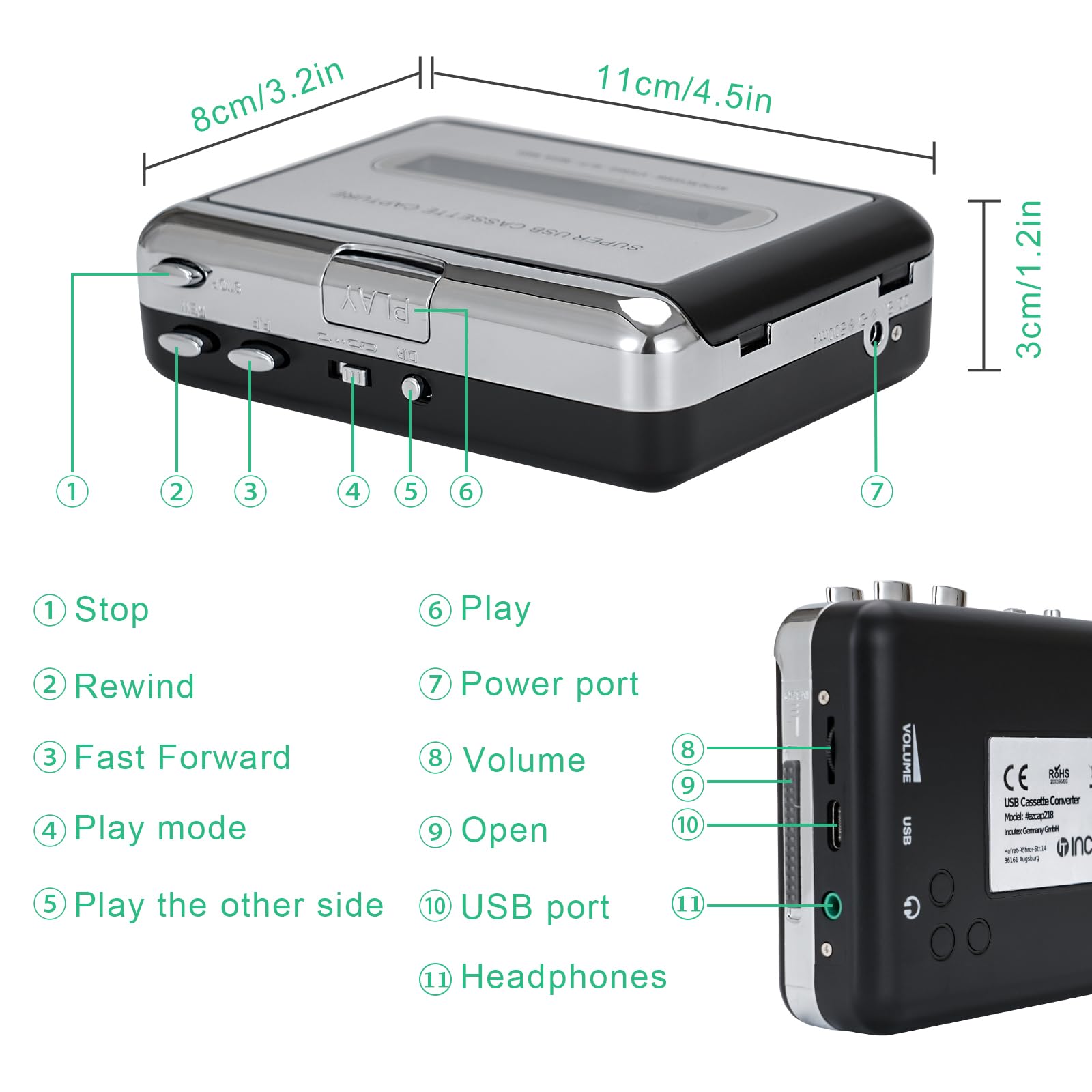 Incutex Reproductor y convertidor de casetes en MP3 con PC vía USB, Convertidor Digital de casetas, Conversión de Cintas a Formato MP3, Compatible con Windows y Mac