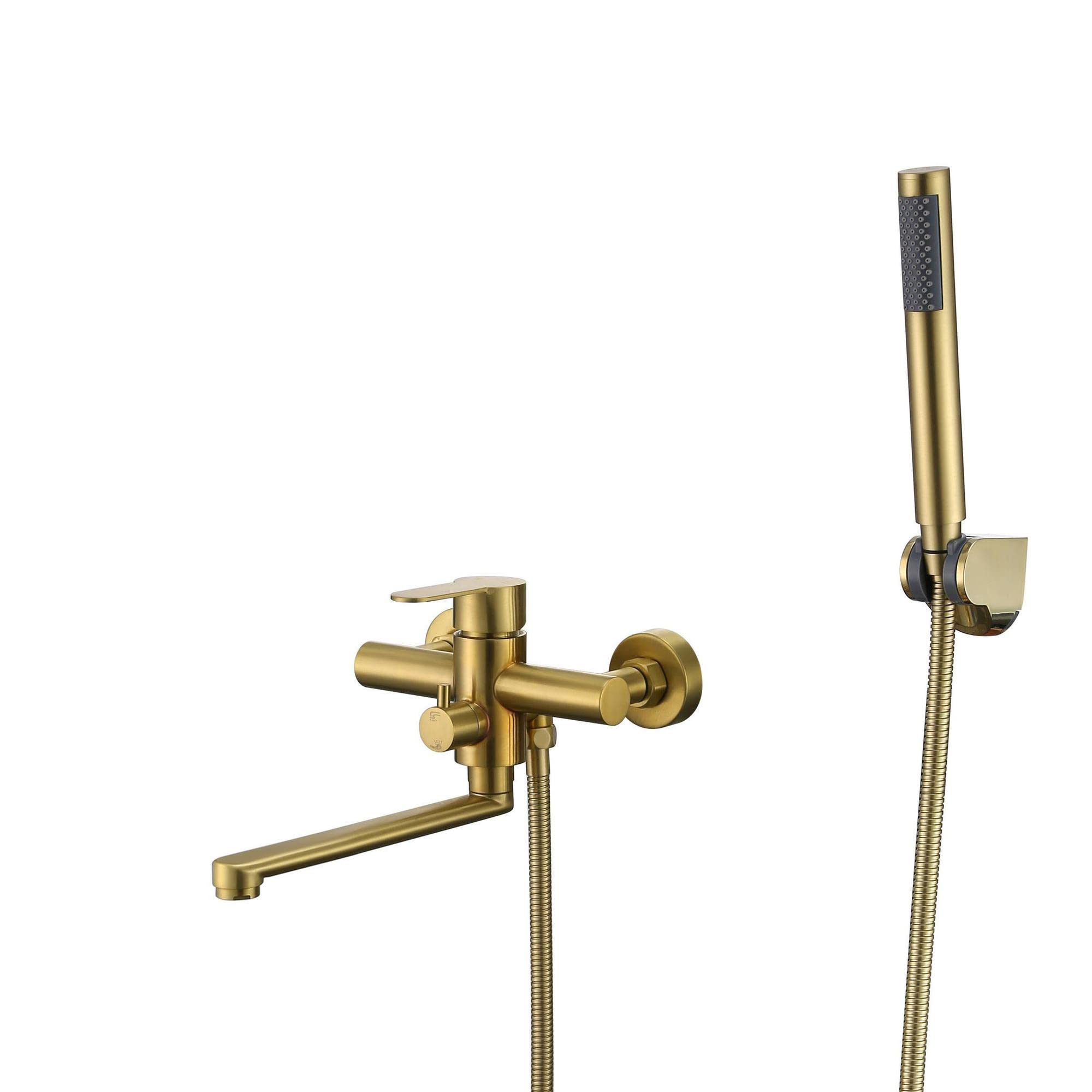 Brushed Gold Wallmounted Shower Set With Handheld Shower Stainless Steel Bathtub Faucet Hot & Cold Mixer 23Cm Spout For Modern Bathroom,Or Brosse