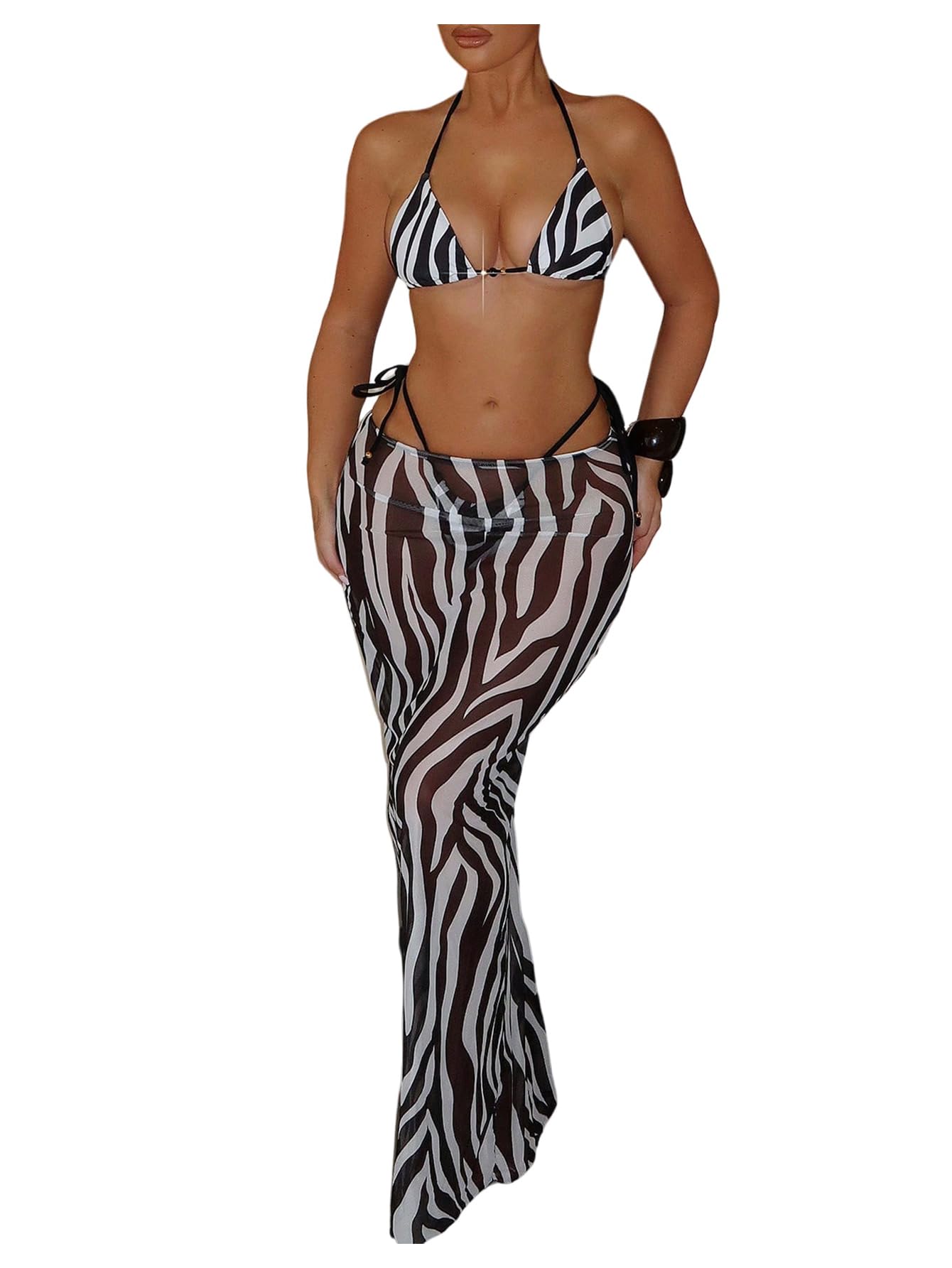 Damski 3-częściowy zestaw bikini w paski zebra wiązany na szyi trójkątny strój kąpielowy ze spódnicami okrycia czarno-białe M