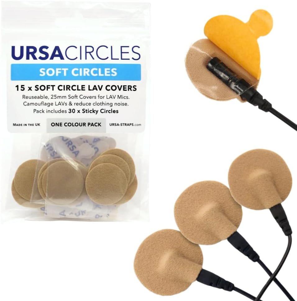 URSA Soft Circles: Reusable Soft Covers Providing Wind Production and Camouflage for Lav Mics. 25mm. (15x Soft Circles + 30x Stickies, Beige)