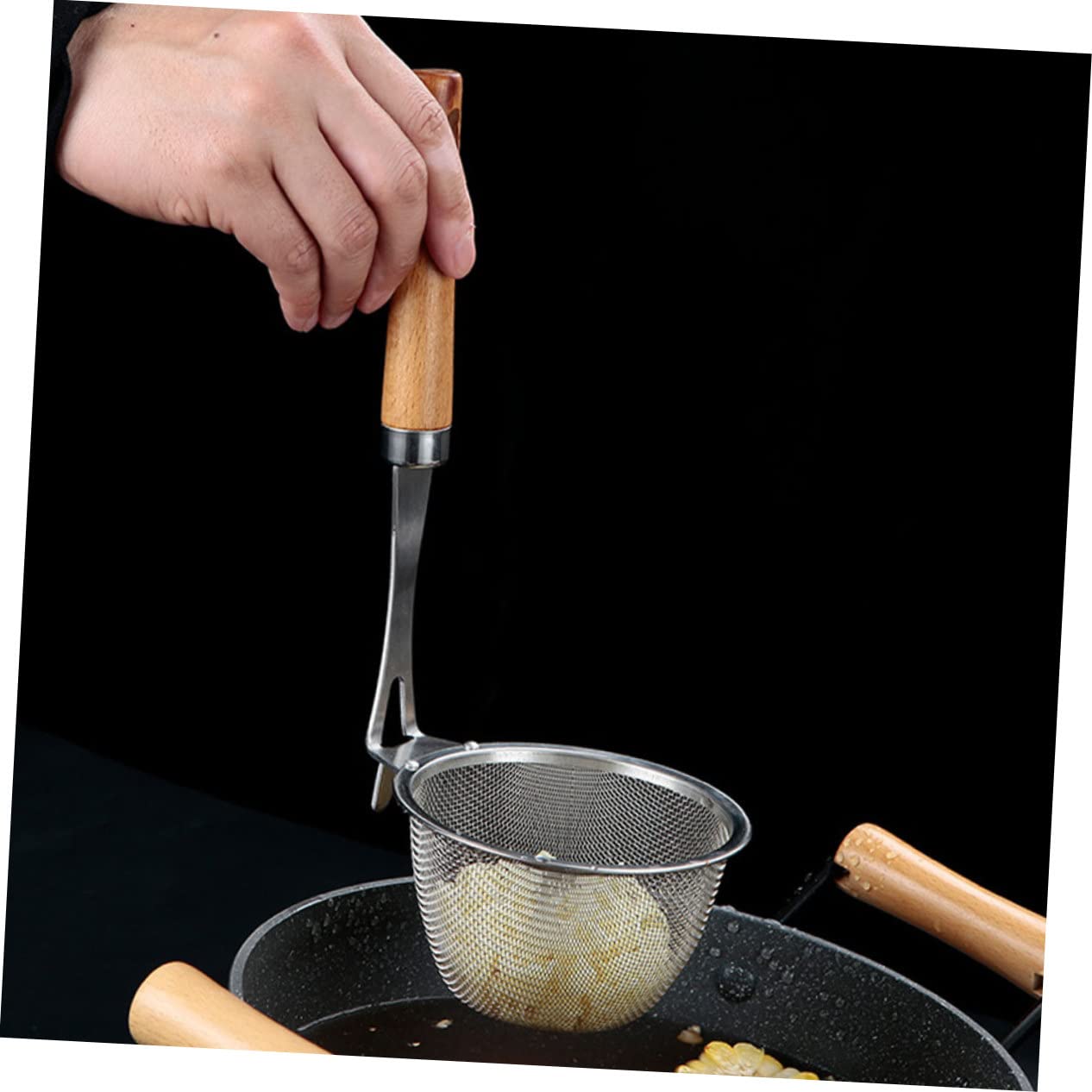 Colador de Fideos con Mango de Madera Colador Multiusos de Acero Inoxidable Resistente y Ligero para Cocina Filtro de Alimentos Seguro y Práctico para Pasta y Verduras