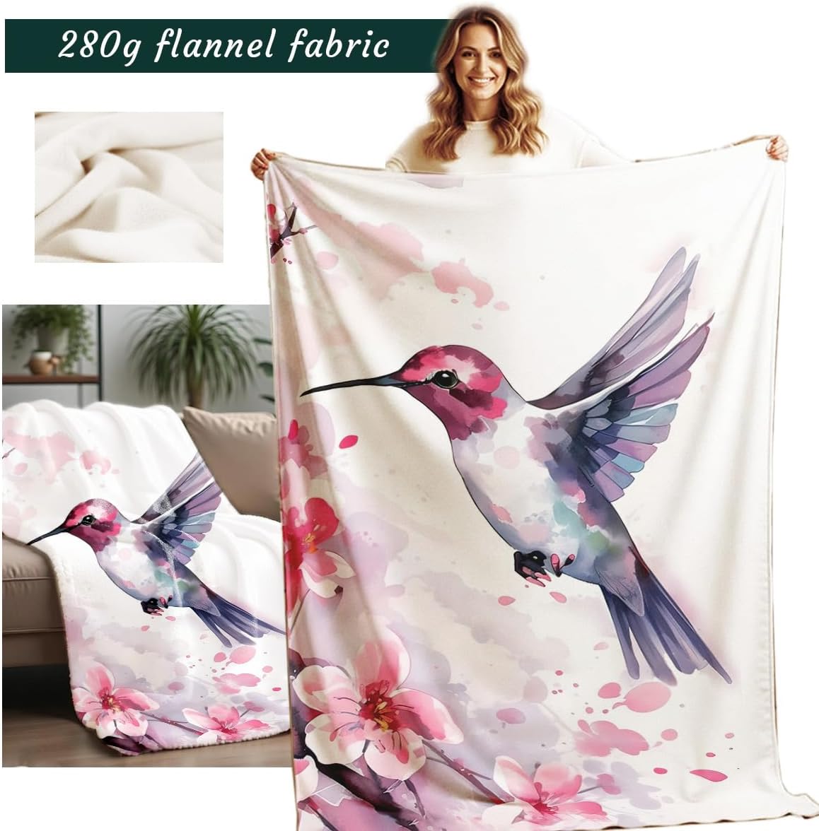 Printed Bed Blanket Hummingbird Blanket for Sofa Couch Floral Bird Throw Flannel Blankets Hummingbird Gifts for Women Kids Girls Mom (Hummingbird 4, 50"x60")
