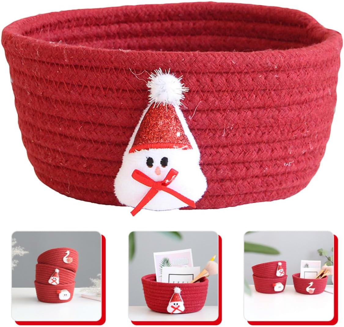 Christmas Storage Basket Organizer Bin with Cotton Thread Weaving Craftsmanship, Red Snowflake Style Storage Basket for Holding Candies and Desk Organization
