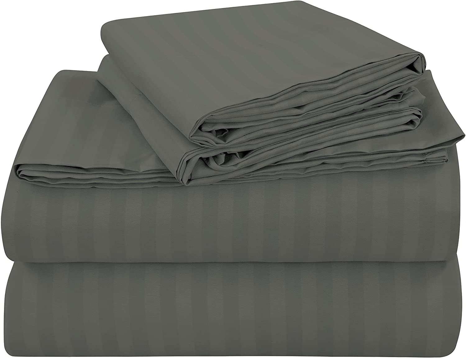 100% Long Staple Egyptian Cotton 4 Piece Sheet Set + 1 Duvet Cover with Zipper, 400 Thread Count Bedding with 35cm Deep Pocket Fitted Sheet - Dark Grey Stripe, Double Size 5 Piece Sheet Set.