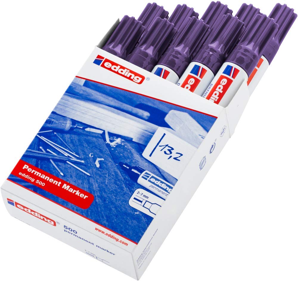 Edding 500 Marcatore Permanente, Viola, Scatola 10Pz, Punta a Scalpello 2-7 Mm, Impermeabile, Asciugatura Rapida Senza Sbavature, per Cartone, Plastica, Legno, Metallo, Vetro e Tessuto