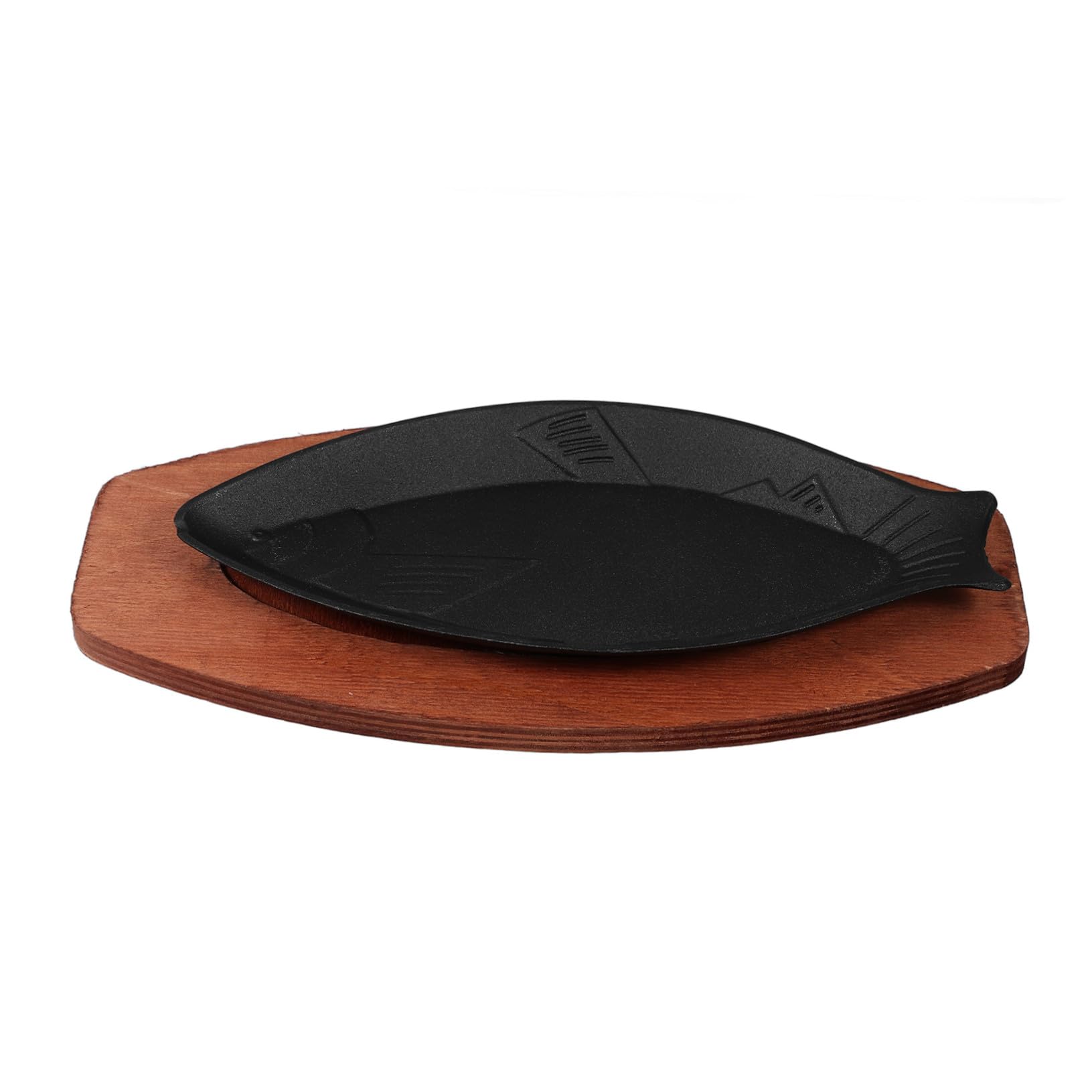 PRETYZOOM Bandeja para Asar Forma Pescado 33,5x16,5x2,5 Cm Hierro Fundido Sartén Antiadherente para Barbacoa Hogar Base de Madera Segura