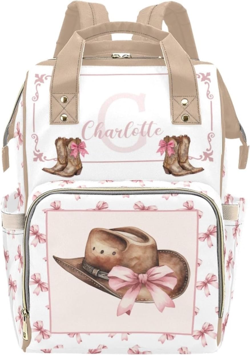 Personalized Cowgirl Diaper Bag Backpack with Custom Name – Waterproof Multi-Pocket Baby Nappy Bag for Moms – Pink Bow Theme Large Capacity Travel Backpack & Shower Gift for Baby