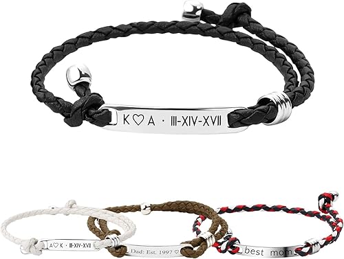 MignonandMignon Personalized Couple Matching Leather Bracelets, Father's Day Gifts, Custom Engraved Friendship Bracelet for Men, Boyfriend, or Best