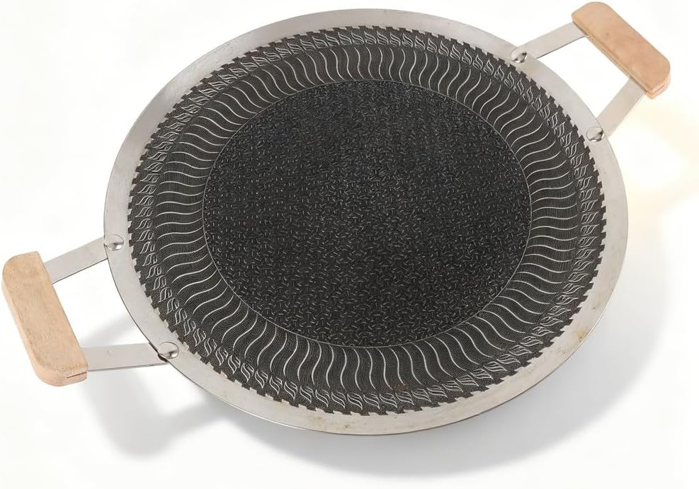 Korean BBQ Grill Pan Stainless Steel, Nonstick Round Grill Plate 34cm - Even Heat Distribution, Easy Cleanup, for Indoor and Outdoor Use (34cm)