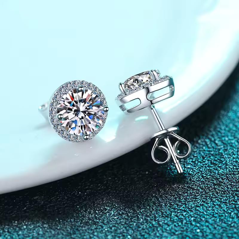 Image of GRA Certified 925 Sterling Silver Stud Moissanite Stud Earrings, 1-4ct DF Color Brilliant Halo Round Cut Moissanite Earrings 925 Sterling Silver Friction Back for Women