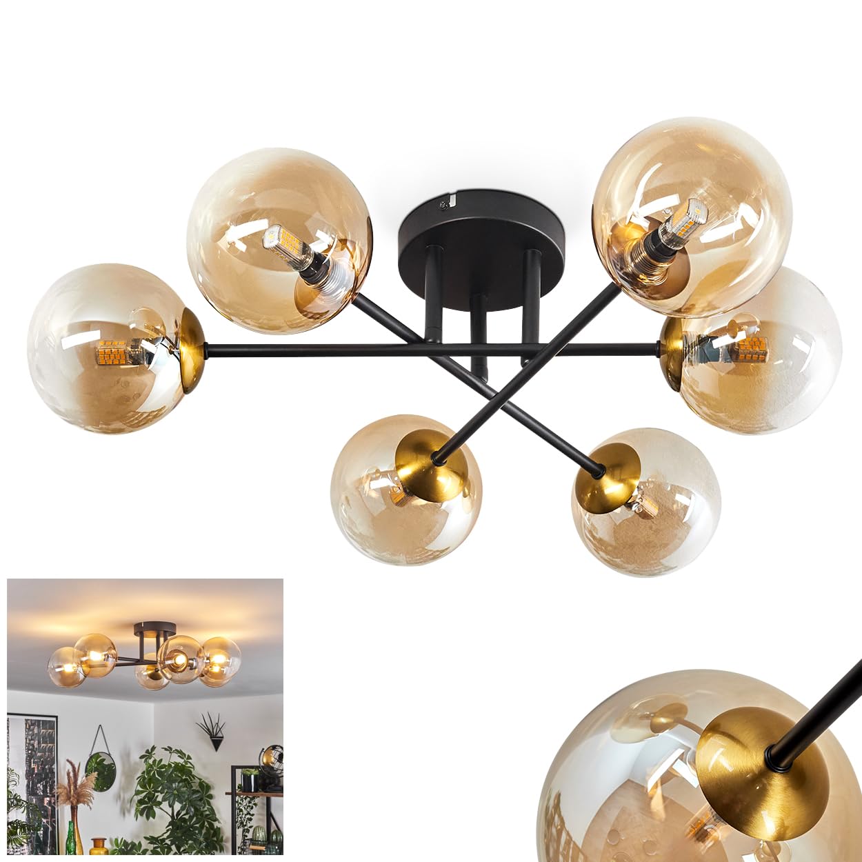 Hofstein Gold Chehalis Ceiling Light, Ceiling Lamp Made Of Metal/Glass In Black/Gold/Amber Colour/Clear, Luminaire In Modern Retro/Vintage Design With Glass Shades (Ø 12Cm), 6 X G9, Without Bulbs