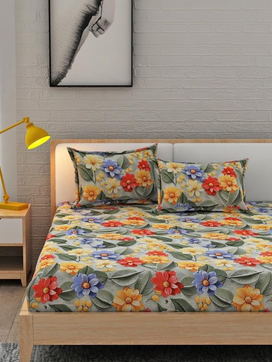Image of Cotton Feel King Size Flat Bedsheet for Double Bed (90 x 100 Inches | 230 x 250 cm) with 2 Pillow Covers | Soft & Smooth Printed Bedsheet for Daily Use (GreenMulti 7D, King Bed-90x100)