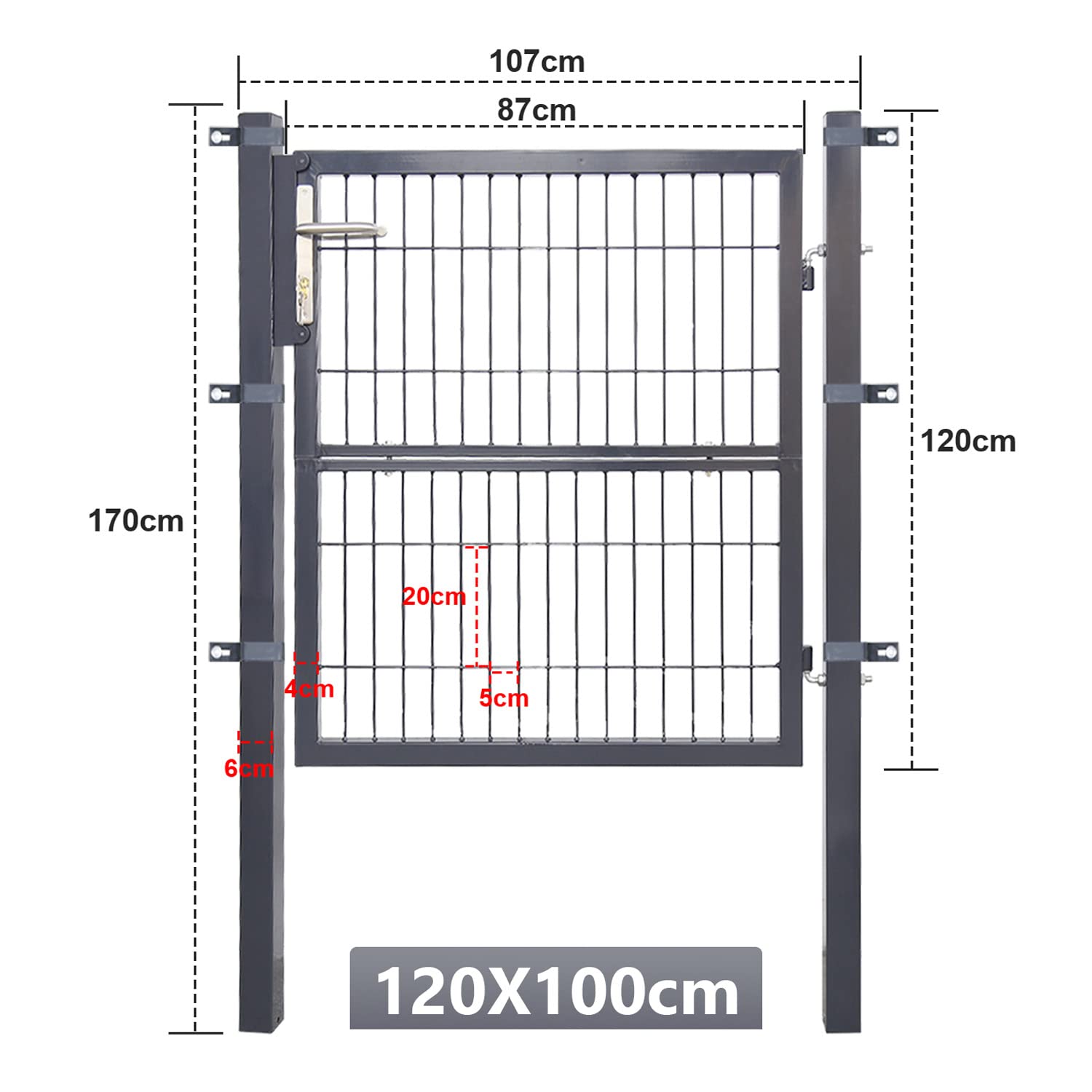 Gimisgu Puerta de jardín, 120 x 100 cm, de acero galvanizado, resistente y duradera, para valla de barra, incluye tirador y 3 llaves, color antracita