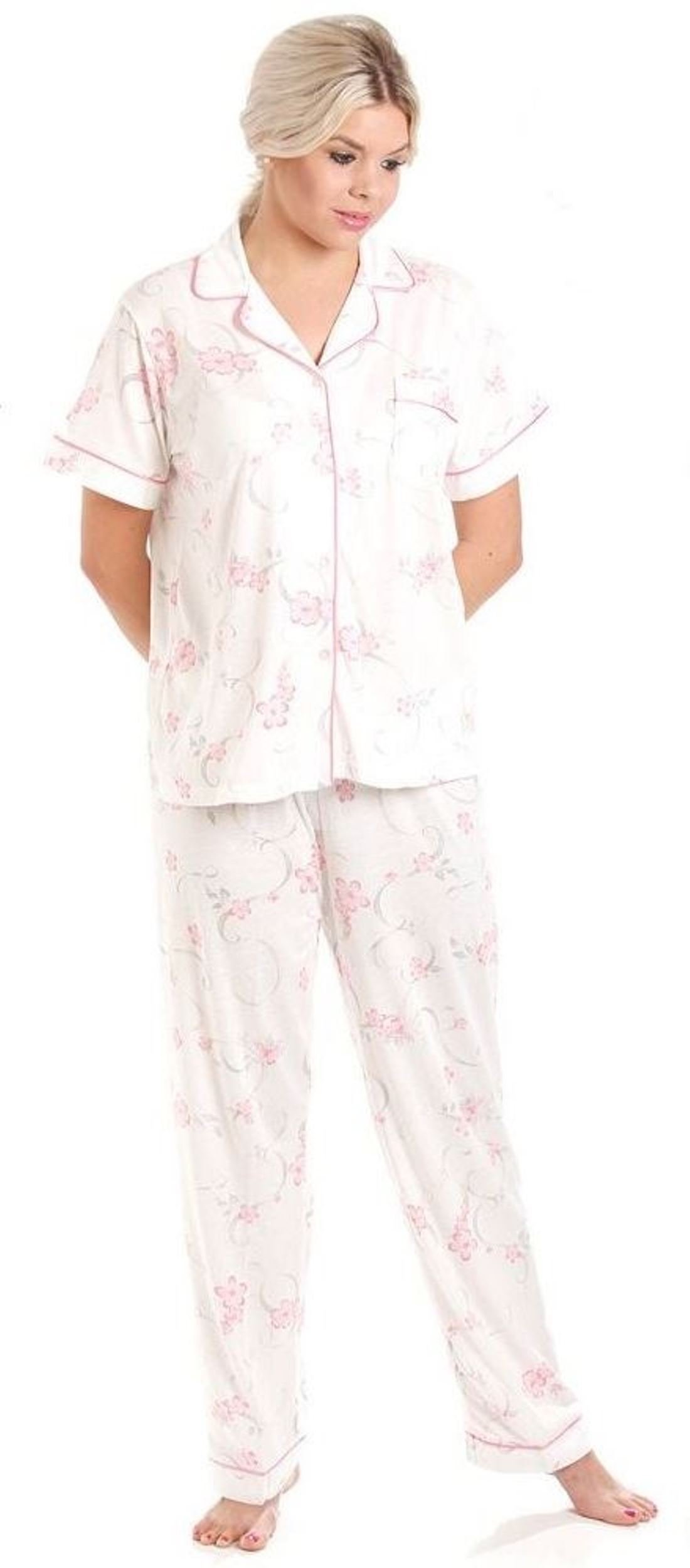 Lady Olga Women's Pink Floral Jersey Short Sleeved Floral Pyjamas By 450 Pink 14-16