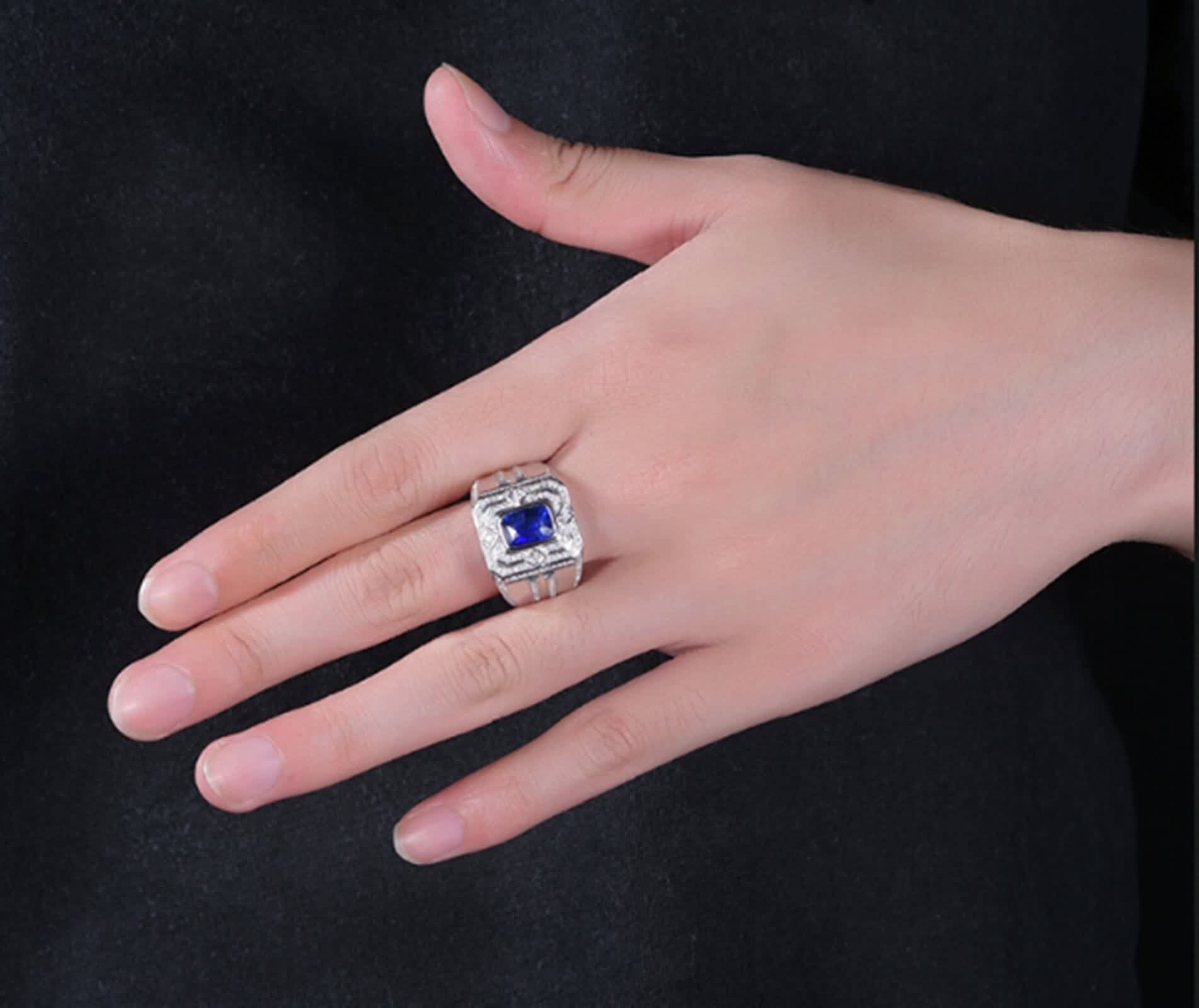 Anillo Zafiro Y Plata, Anillo Vintage Azul Oro Blanco 18K Azul Forma Rectangular Diamante Blanco para Esposo con Joyero