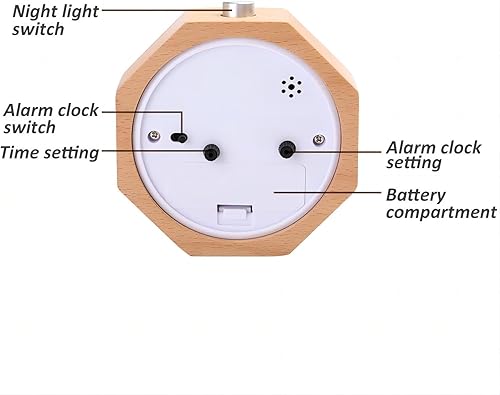 Miniatura 6 de Lancoon Reloj despertador analógico de madera, LED pequeño sin tictac, silencioso con números arábigos, luz de despertador, función de repetición