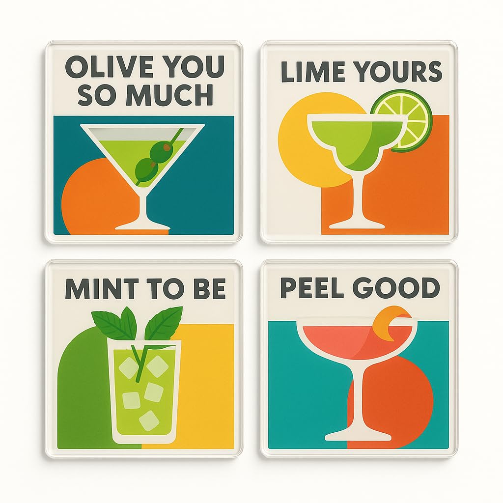 The Plum Penguin Retro Sip Vibes Acrylic Coaster Gift Set Of 4 With Retro Cocktail Motifs - Mid-Century Home Decor For Design Lovers And Millennial Entertaining