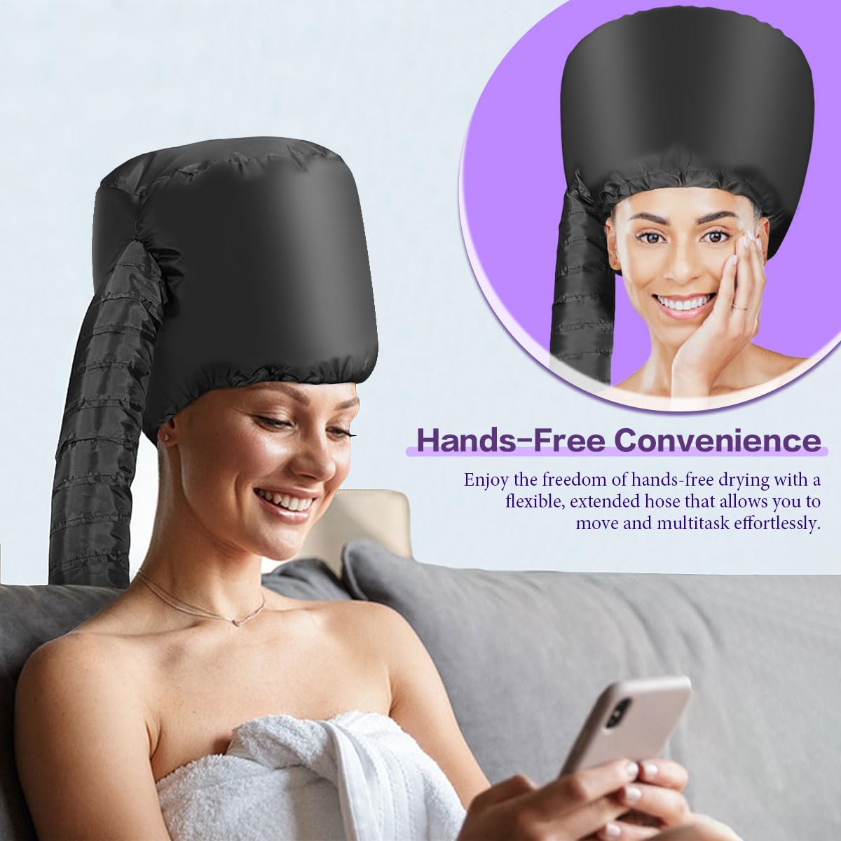 Secador de pelo con capucha, secador de pelo de secado rápido para cabello natural, acondicionamiento profundo, peinado y mejora de rizos, ajuste ajustable, distribución de calor, portátil y ligero 6