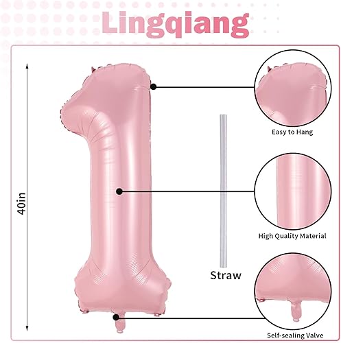 Miniatura 2 de Globos de 1 color rosa pastel, 40 pulgadas, gigantes de papel de aluminio de helio rosa claro, número 0-9 para niñas, globo autoinflable de primer