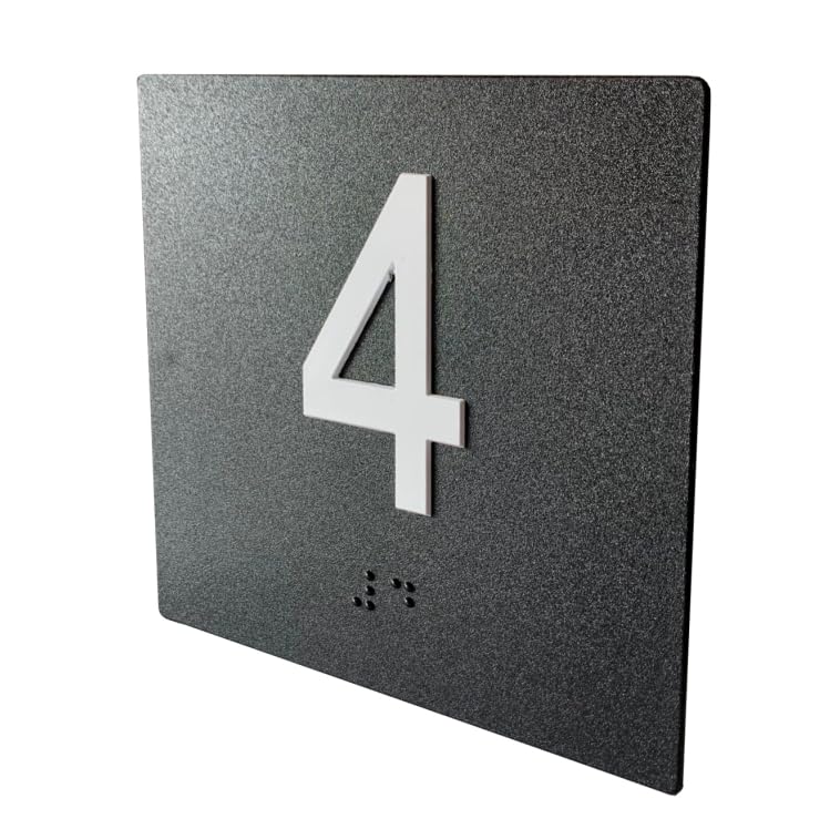 4th Floor Elevator Jamb Plate Sign. Matte Black with white tactile floor level number, Compliant braille, 4 x 4” Durable injection molded, Meets and
