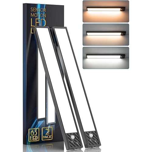 2023 Newest 65 LED Motion Sensor Lights Indoor 3 Color Temps, 2 Packs Dimmable Under Cabinet Lighting, 2500mAh Rechargeable Wireless Closet Lights Night Light for Drawers, Wardrobe, Stair, Kitchen