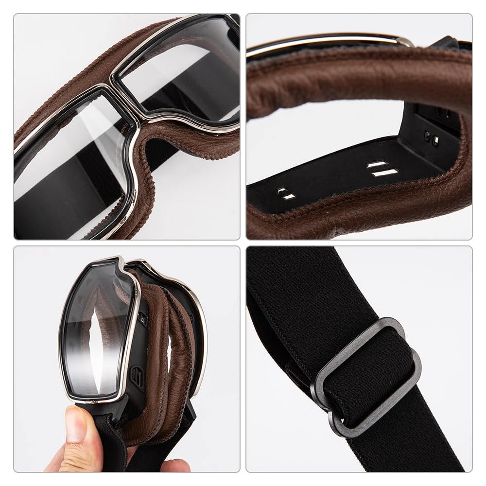 Occhiali da moto vintage Glasses da aviatore retrò Pelle PU Pieghevoli Occhiali antivento per uomo e donna Occhiali