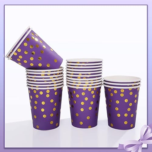 Miniatura 5 de 175 piezas de decoraciones de fiesta moradas y doradas, juegos de platos, tazas y servilletas moradas, platos desechables dorados para suministros