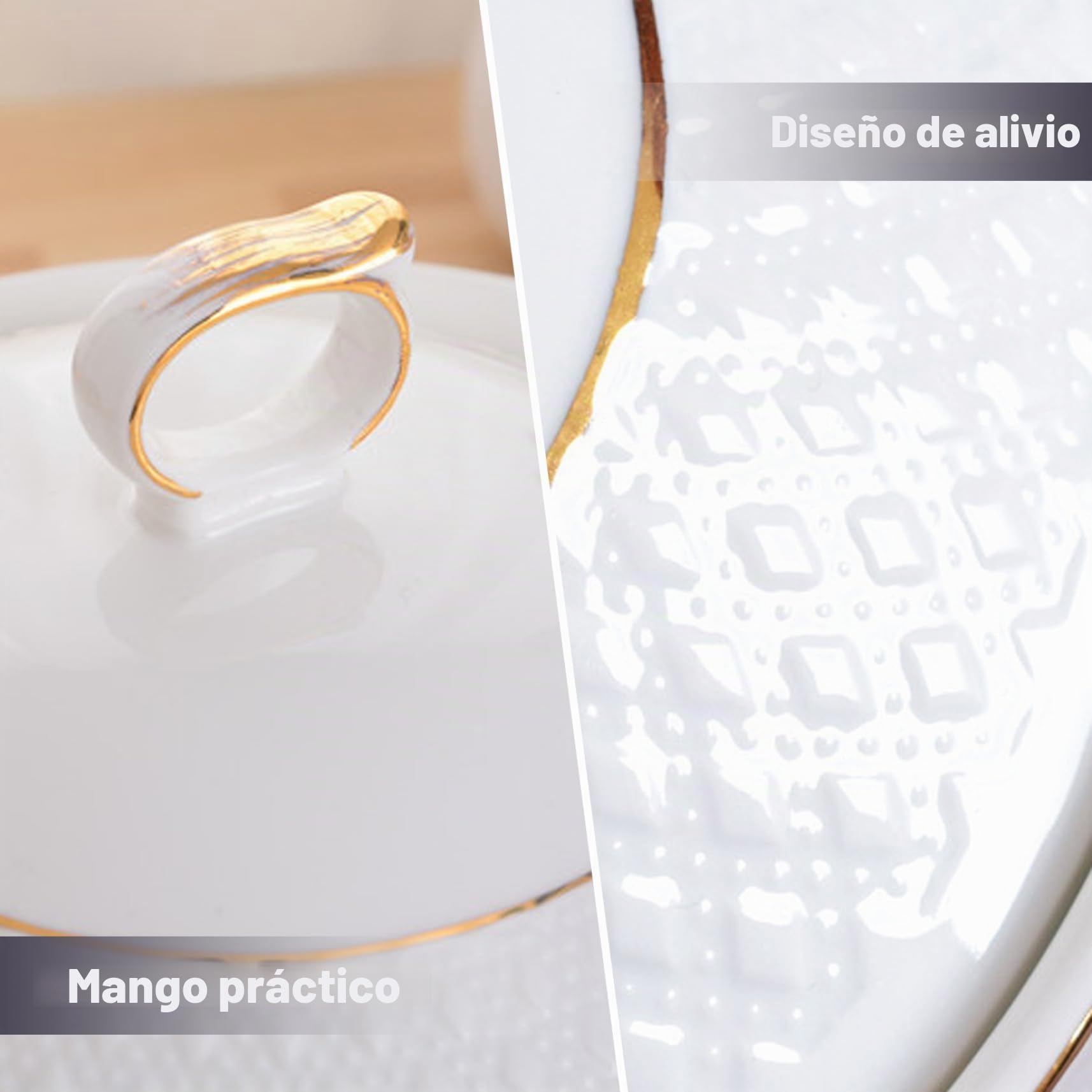 Sopera de cerámica, Cuencos Blancos de 1, 5 l con Borde Dorado, sopera de Doble asa con Tapa y cucharón para Pasta, para Cocina