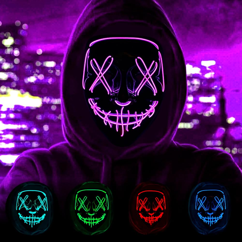 HATFRYF Halloween Skull Mask, Scary LED Halloween Mask, Halloween Face Masks for Men Women Kids, Light up Cosplay, Glowing Horror Smile, Anonymous Neon Gifts — image 1