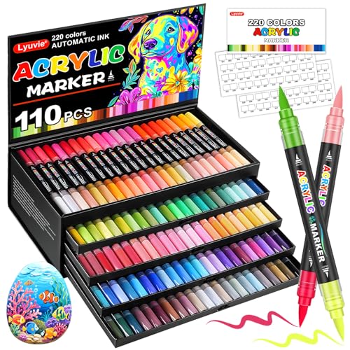 Lyuvie 220 Couleurs Feutre Acrylique,110 Pcs Acrylic Paint Marker Marqueur Peinture Acrylique Pointe Brush pour Roche Tissu Pierre Bois Verre Papier Plastique