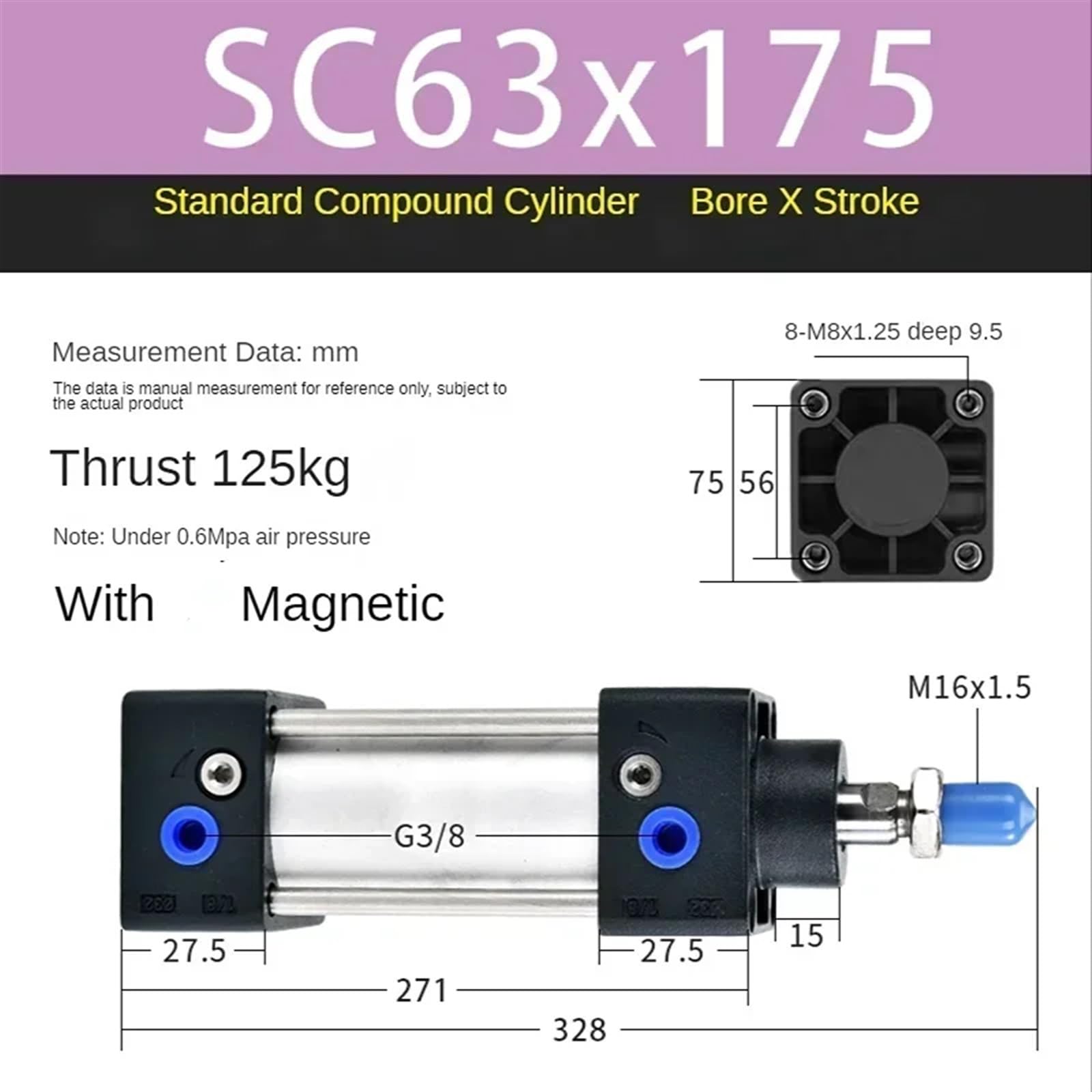 Cilindros SC63 Cilindros estándar con diámetro magnético de 63 mm Doble Efecto Carrera de 25/50/75/100/125/150/175/200/250/300/350 mm (Color : SC63X175-S)