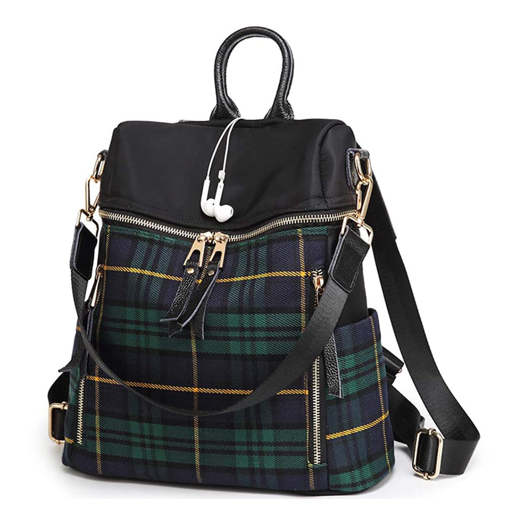 Mn&Sue Plaid Backpack Purse for Women Fashion Casual Daypack Dual-use Travel Shoulder Bag Nylon Rucksack (Green Plaid) One_Size
