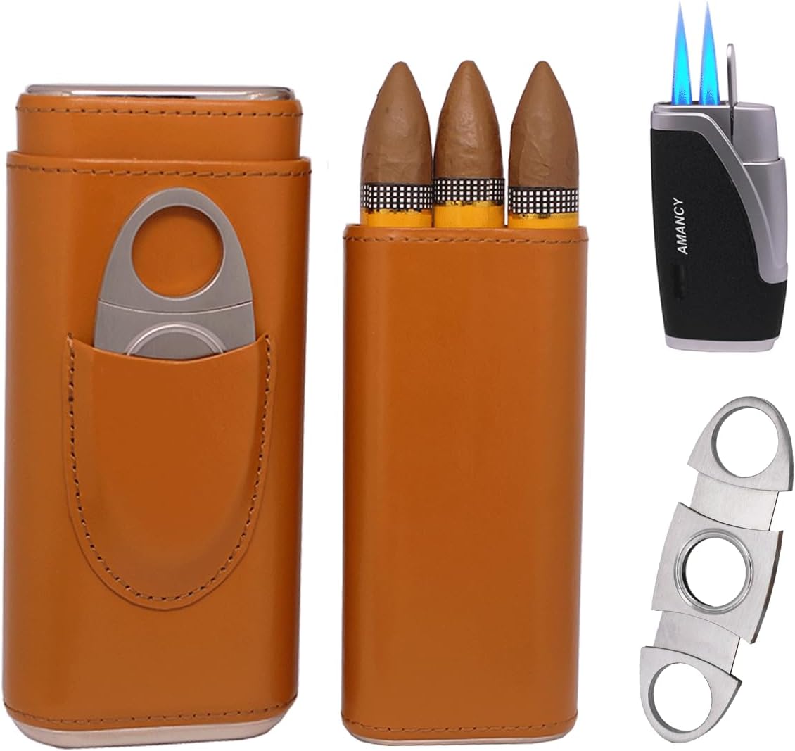 AMANCY Classy Cigar Case Kit with 3 Triple Jet Cigar Lighter and Cutter Gift