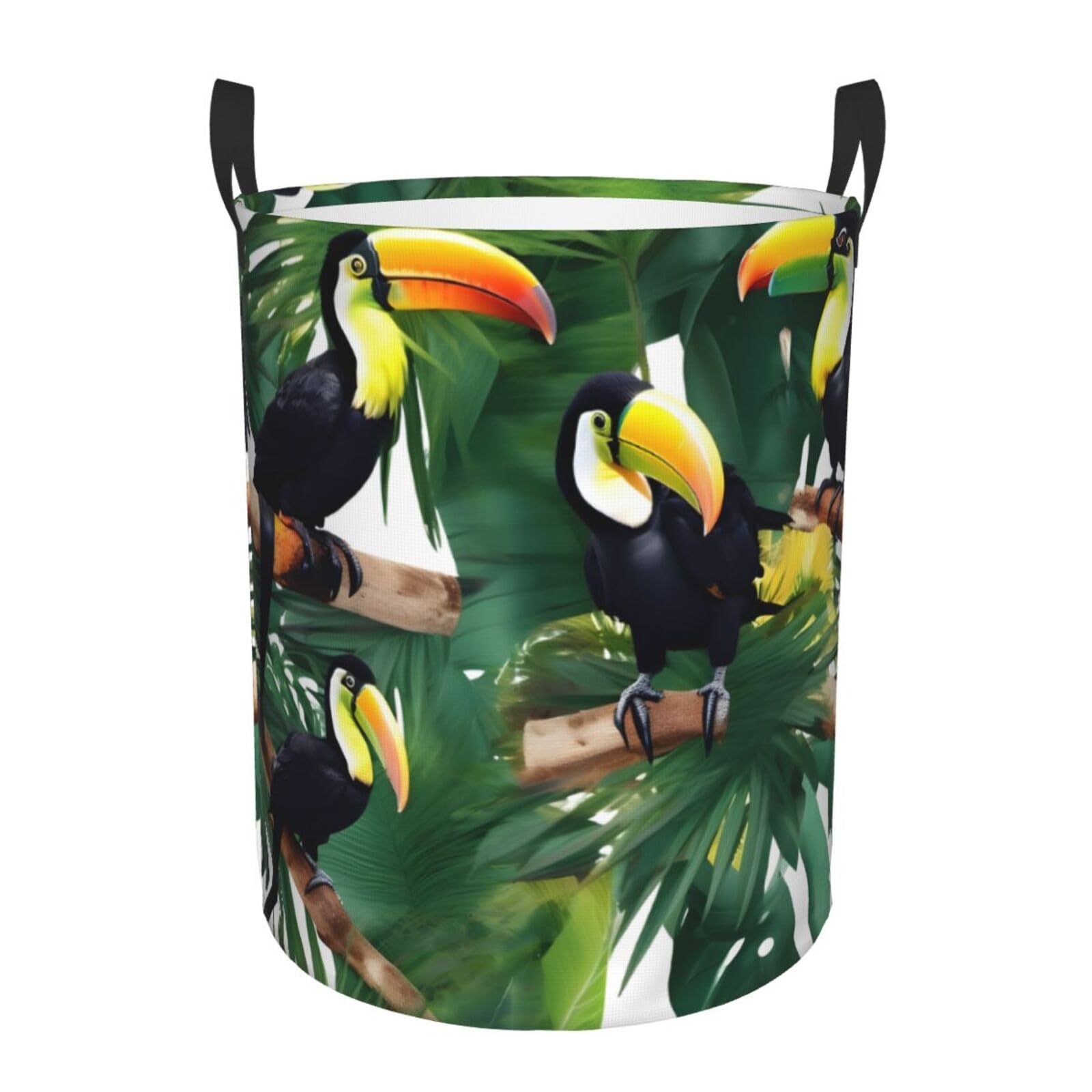 M Collapsible Laundry Hamper Round Toucans Parrot palm tree leaves Print Storage