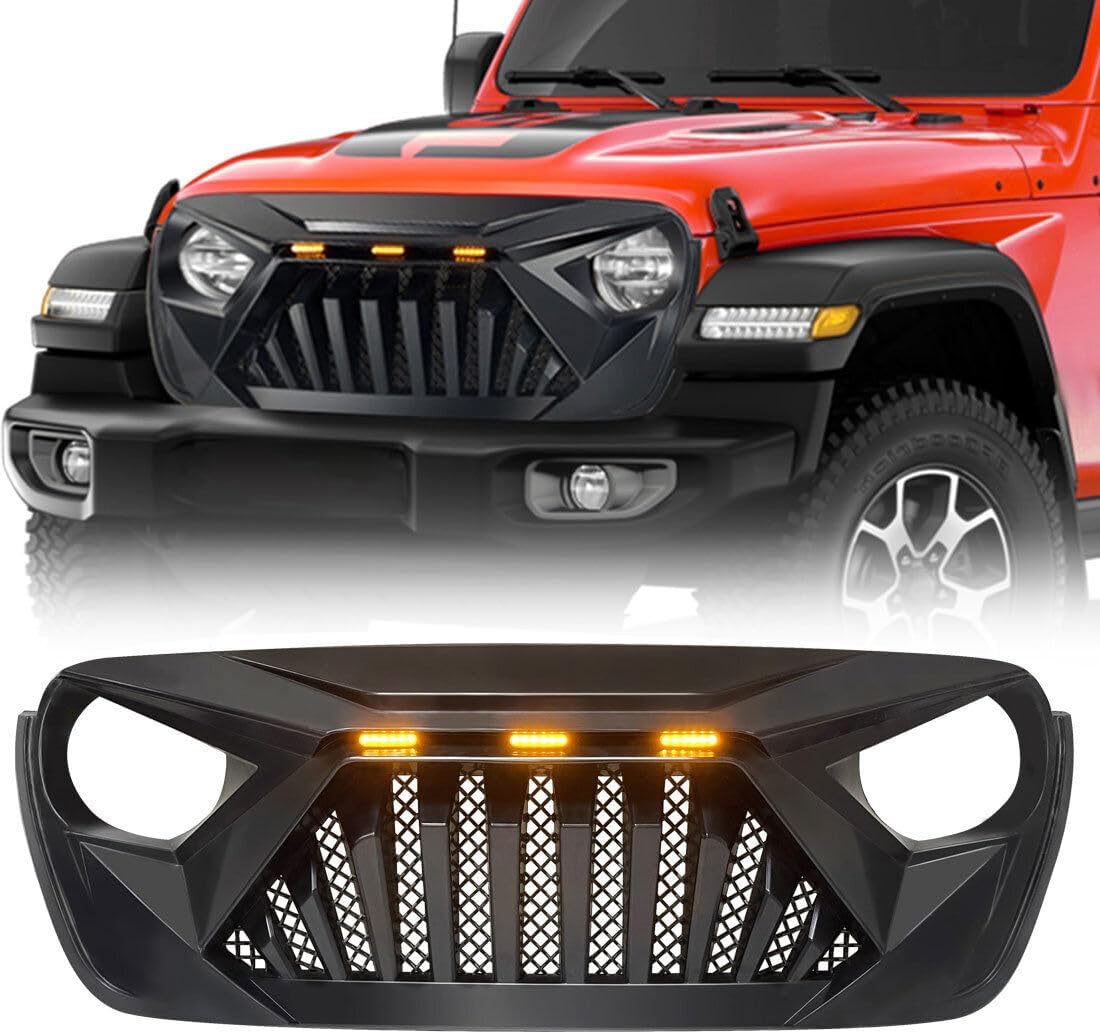 EOMD Front Grill Goliath Grille compatible with 2018-2025 Jeep Wrangler JL & 2020-2025 Gladiator JT, w/Amber LED Lights, ABS (White Black)